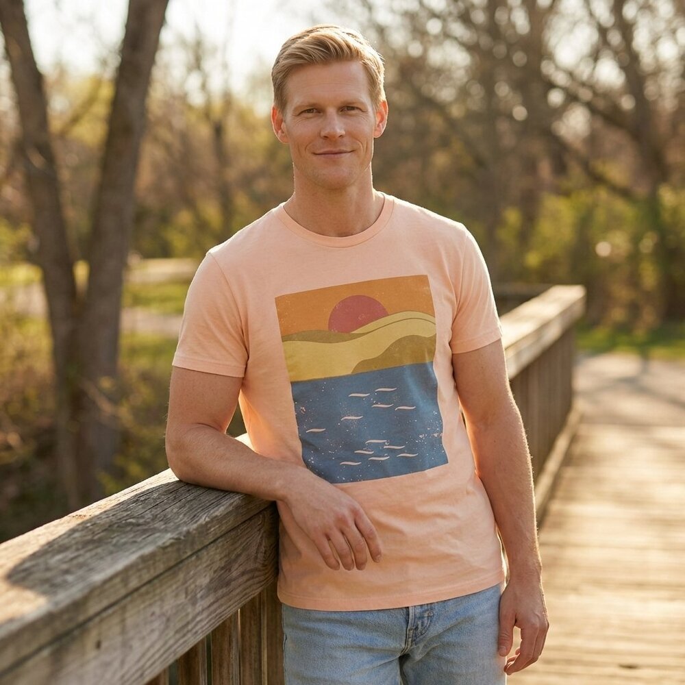 Goodfellow Co Mens Medium Sunset Graphic Tee Peach Beach Retro Classic Summer